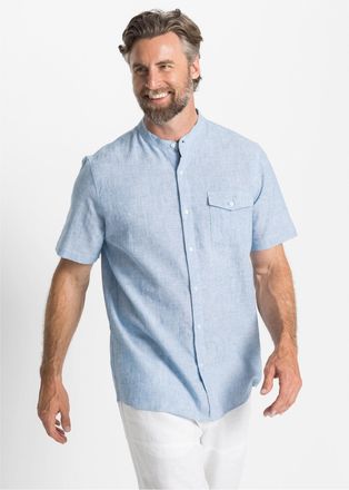 Bonprix Kurzarmhemd BONPRIX, Herren, Gr. 47/48 (XXXL), N-Gr, blau (hellblau meliert), Obermaterial: 55% Leinen, 45% Baumwolle, meliert, regular fit, Hemden Ku