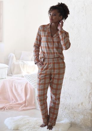 Vivance Pyjama VIVANCE DREAMS, Damen, Gr. 32, orange, Flanell, Obermaterial: 100% Baumwolle, kariert, mehrfarbig, klassisch lang, V-Ausschnitt, Homewear-Sets 
