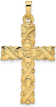 Diamond2Deal 14k Yellow Gold Polished Textured Solid Floral Cross Pendant