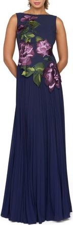 Kay Unger Jayla Appliqu&eacute; Pleated Gown in Dark Twilight at Nordstrom, Size 2