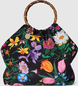 Gucci Silk Maxi Tote Bag With Bamboo Handle, Black, Fabric