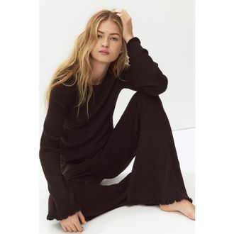 H&M Flared Rib-knit Linen-blend Trousers in Dark Brown at Nordstrom, Size X-Small