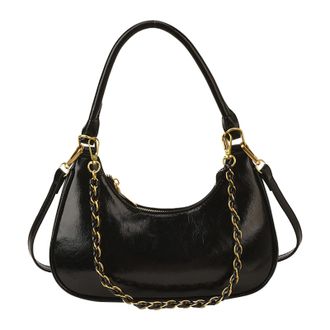 Generic Cymwer PU Leather Crescent Shoulder Handbag Casual with Metal Chain for Women (Black)