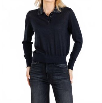 Autumn Cashmere Rhinestone Cashmere Polo Sweater In Black