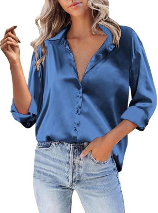 Generic Women Satin Blouse Button Down Long Sleeve V Neck Collar Shirts Dressy Casual Office Work Going Out Tops(Blue, XL) Chemise Femme lin