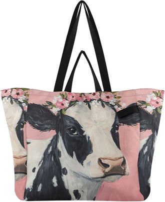 Generic Flower Black White Cow pattern Reusable Canvas Tote Bag, Heavy Duty Grocery Shopping Bag with Hard Bottom Large Capacity Double Handles Work Groceries