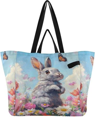 Generic Rabbit Butterfly Pink print Reusable Canvas Tote Bag, Heavy Duty Grocery Shopping Bag with Large Capacity Double Handles Hard Bottom Work Groceries Tr