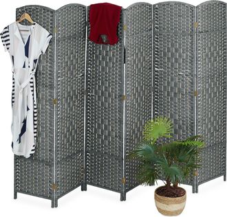 Relaxdays Relaxdays - Biombo, 6 Paneles, Separador Ambientes Plegable, 170x241 Cm, Interiores, Madera, Cuerda Papel, Parab&aacute;n, Gris