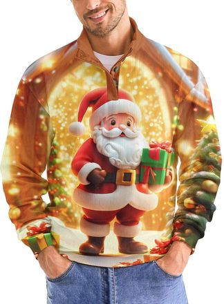 Generic Christmas Sweatshirts for Men Fashion Xmas Graphic Print Long Sleeve Sweatshirt Stand Collar Button Slim Pullover Tops