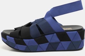 Ferragamo Blue/black Colorblock Stretch Fabric Wedge Platform Sandals