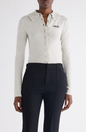 Chlo&eacute; Crochet Collar Wool Cardigan in Sweet Grey at Nordstrom, Size X-Large