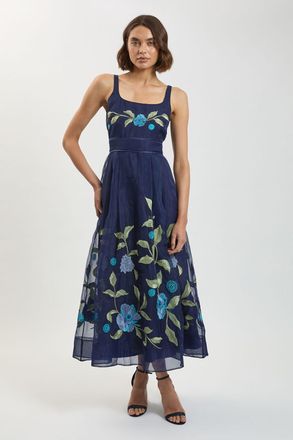 Karen Millen Womens Embroidered Detail Organdie Midi Dress - Navy - Size 18 UK