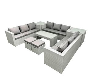 Fimous Rattan Garden Outdoor Furniture Set 11 Seater Garden Sofa Oblong Coffee Table Set with 2 Small Footstool 2 Side Tables Light Grey Mixed