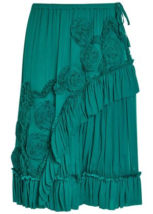 Dries Van Noten Sammy Appliqu&eacute;d Georgette Midi Skirt - Petrol - 40 (UK12 / M)