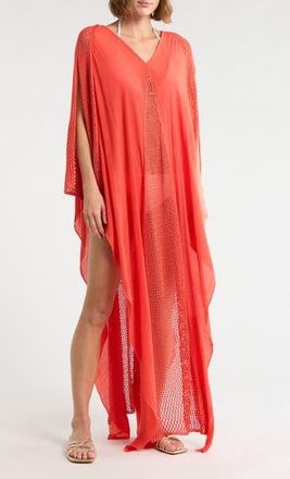 Elan Crochet Trim Cover-Up Caftan in Guava at Nordstrom Rack