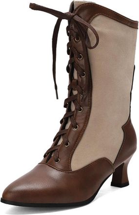Generic Womens Retro Two-Tone Lace-Up Mid-Calf Boots Pointed Toe Slim Heel Comfortable Fit Non-Slip Wear-Resistant Sole for Daily Date Vintage Style,Brown,11.