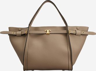 Tod's Womens Leather Shopping Bag With Logo Beige Calfskin Handbags Hand