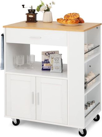 Costway Carrito De Cocina Con Ruedas, Armario De Sevicio Rodante Con 3 Estantes Abiertos Y Un Caj&oacute;n, Armario Grande De 2 Puertas, Carrito De Almacenamiento Co