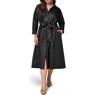 DKNY Drawstring Waist Stretch Midi Shirtdress in Black at Nordstrom, Size 14W