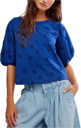 Free People Jessie Eyelet Puff Sleeve Top in Navy Combo at Nordstrom, Size X-Large