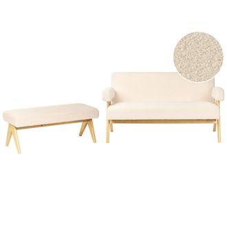 Beliani Conjunto De Sala De Estar Retro Sof&aacute; 2 Plazas Banco Tapizado De Boucl&eacute; Patas De Madera Blanco Crema Y Marr&oacute;n Claro Tamre