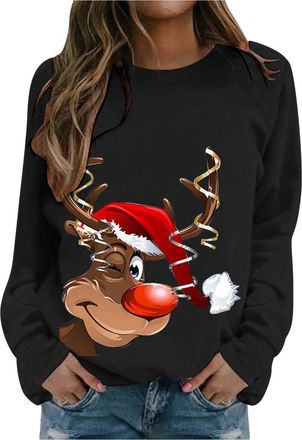 Generic Funny Christmas Jumpers for Women UK Ladies Reindeer Snowflake Print Oversized Casual Long Sleeve Crewneck Pullover Tops Ugly Xmas Sweater Loose Fit D