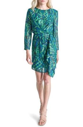 DKNY Long Sleeve Side Drape Dress in Black/Blue/Green at Nordstrom Rack, Size 12