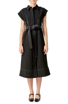 English Factory Contrast Stitch Tie Waist Midi Dress in Black/white at Nordstrom, Size X-Small
