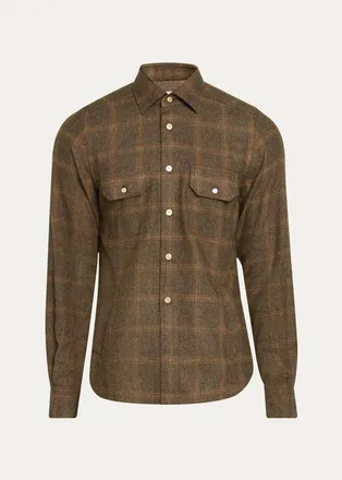 Kiton Mens Cashmere and Wool Plaid Button-Front Shirt