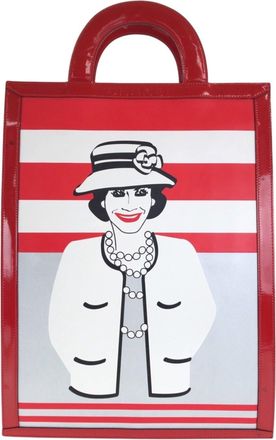 Chanel Black Red Color White Canvas Leather Leather Handbag Tote Bag (Pre-Owned)