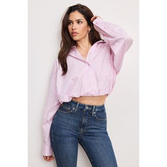 Good American Womens Poplin Bubble Shirt | Candy Stripe, Size Large | Good American by Khlo&Egrave; Kardashian