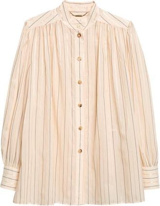 Chlo&eacute; Stripe Cotton & Silk Blend Poplin Button-Up Shirt in Pink/black at Nordstrom, Size 36