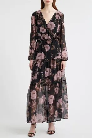 Chelsea28 Floral Print Long Sleeve Tiered Maxi Dress in Black Fiona Floral at Nordstrom Rack, Size Xx-Small