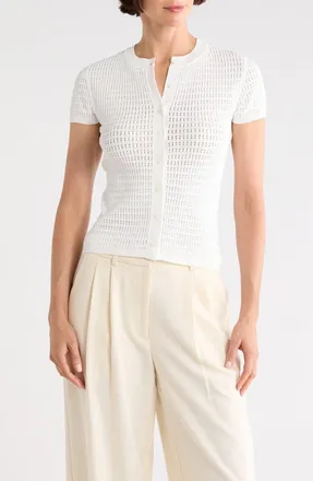 Calvin Klein Pointelle Short Sleeve Button Front Cardigan in Cream at Nordstrom Rack, Size X-Small