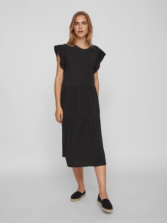 Vila Sommerkleid VILA VISUMMER S/S MIDI DRESS - NOOS, Damen, Gr. XXL, N-Gr, schwarz, Jersey, Obermaterial: 50% Baumwolle, 50% Polyester, unifarben, loose f