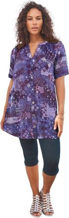 Roaman's Plus Size Angelina Crinkle Crepe Y-Neck Short Sleeve Tunic in Grape Stencil Geo at Nordstrom, Size 30