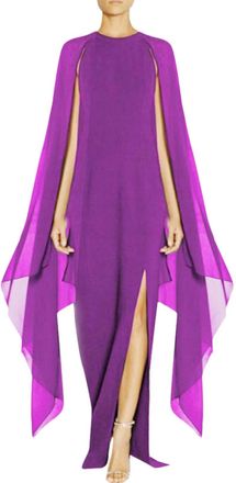 Generic Chiffon Long Evening Dress for Women Flowy Split Cape Sleeve Party Dress Solid Color Irregular Hem Dress Floor Length Sexy Elegant Cape Mantle Gowns S