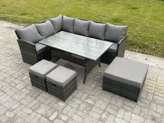 Fimous 9 Seater Outdoor Rattan Garden Furniture Set with Rectangular Dining Table 3 Footstools Patio Wicker Corner Sofa Set in Dark Grey