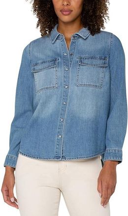 Liverpool L.A. Denim Shirt With Patch Pockets Womens Clothing Laguna Nigel : LG, Cotton/Rayon