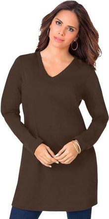 Roaman's Plus Size Cotton Ultimate Long Sleeve V Neck Tunic in Chocolate at Nordstrom, Size 4X