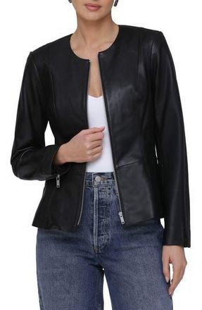 Bagatelle Genuine Leather Zip Front Peplum Jacket in Black at Nordstrom Rack, Size Medium