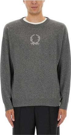 Moschino Merino Wol Trui met Laurierkrans Embleem - Heren - Ronde hals truien - Grijs - L - Wol - Truien & Vesten