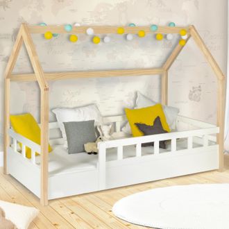 IDMarket Cama Cabina Infantil 80 X 160 Cm Neree Blanco Y Haya Con Somier Y Barandillas