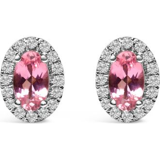 House of Brilliance 10K White Gold 5x3 MM Oval Cut Birthstone and Diamond Halo Stud Earrings in Pink Tourmaline at Nordstrom