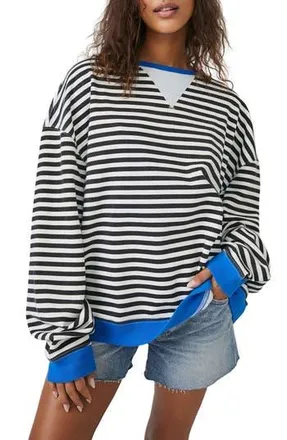 Free People Oversize Stripe Sweatshirt in Black Combo at Nordstrom Rack, Size X-Large