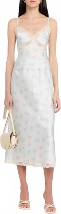 LoveShackFancy Castle Floral Satin Midi Skirt In Eucalyptus