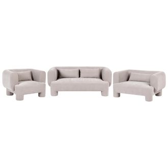 Beliani Conjunto De Sala De Estar Sof&aacute; Sill&oacute;n Tapizado De Tela Con Textura Aterciopelada Patas Cil&iacute;ndricas Estilo Org&aacute;nico Beige Oscuro Hogbo