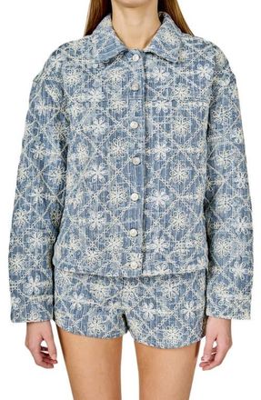 endless rose Floral Embroidered Nonstretch Denim Jacket in Dusty Blue at Nordstrom, Size X-Small