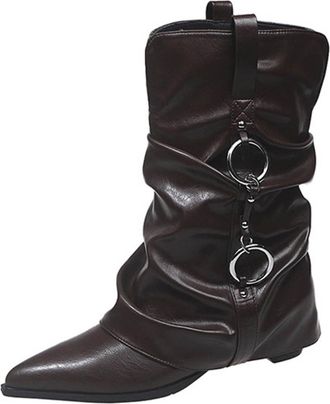 Generic Brown Ladies Elegant High Heel Boots Handcrafted Soft Leather Pointed Toe Pleated Design for Casual Occasions and Daily Wear