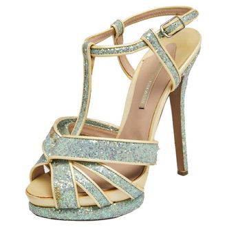Nicholas Kirkwood Blue/cream Patent Leather And Glitter T Strap Platform Sandals